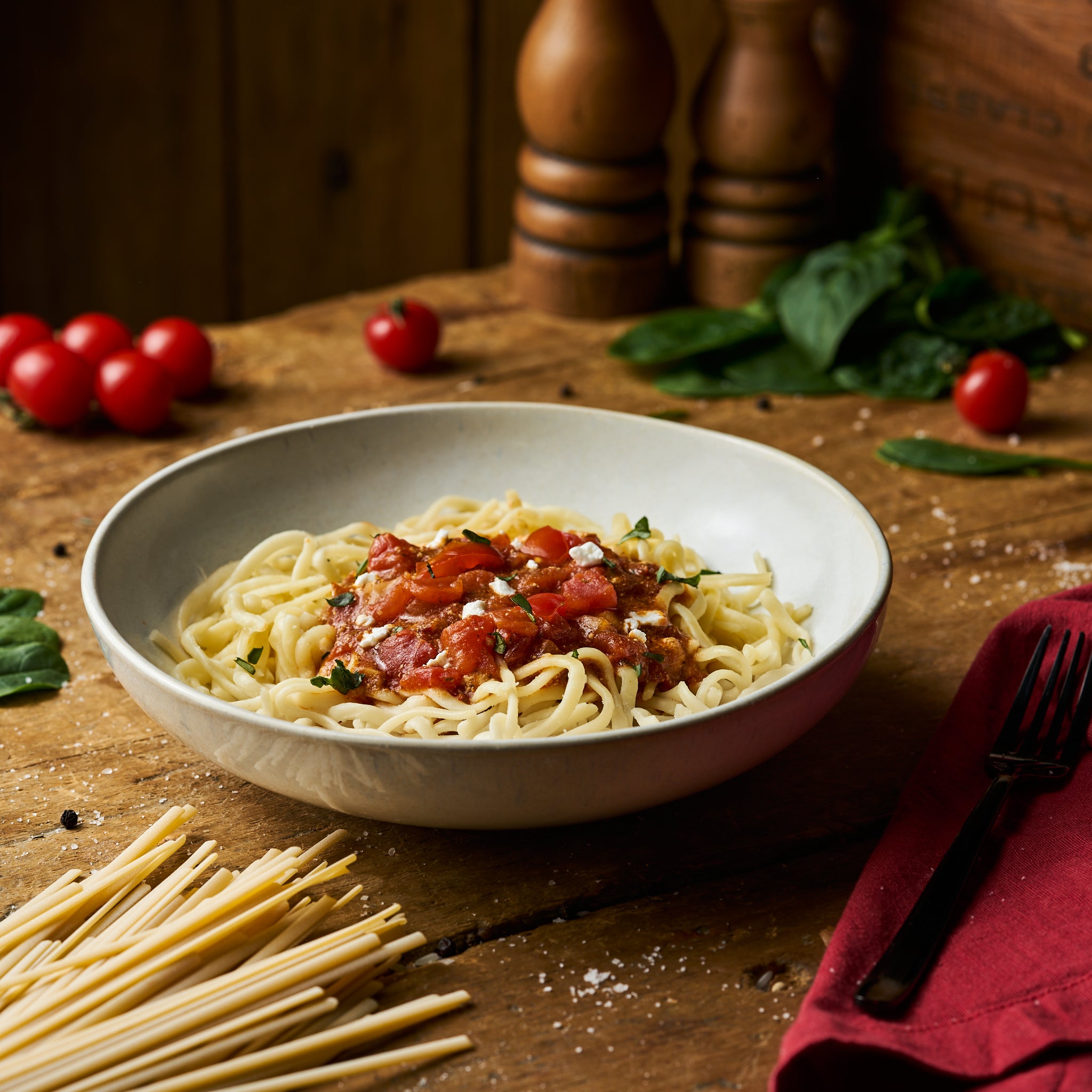 Linguine mit Tomatensauce und mildem Ziegenfrischkäse