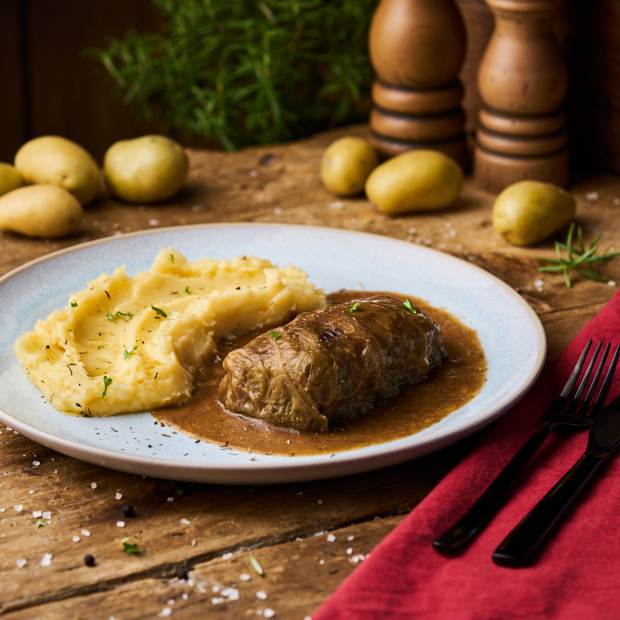 Kohlroulade mit Kartoffelstampf