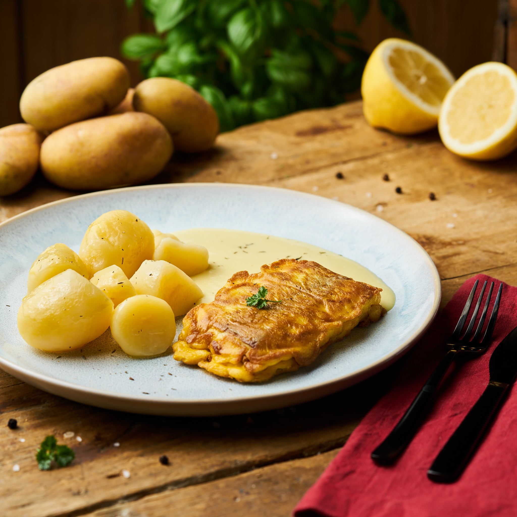 Seelachs in Eihülle an Zitronen-Buttersauce dazu Butterkartoffeln