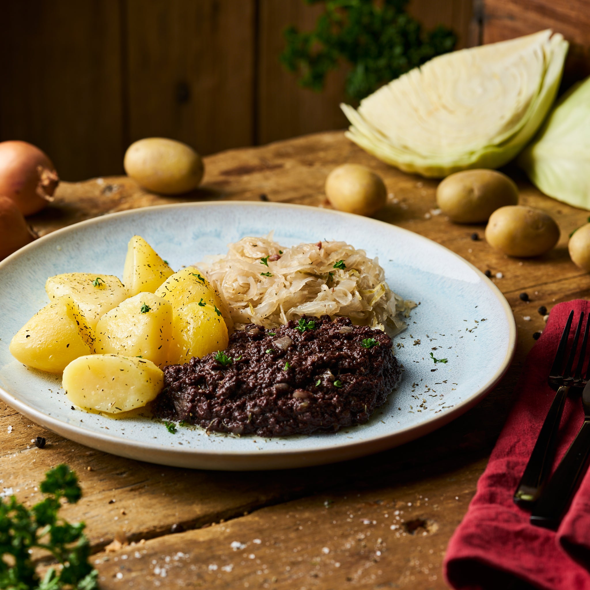 Berliner Blutwurst an Sauerkraut und Butterkartoffeln