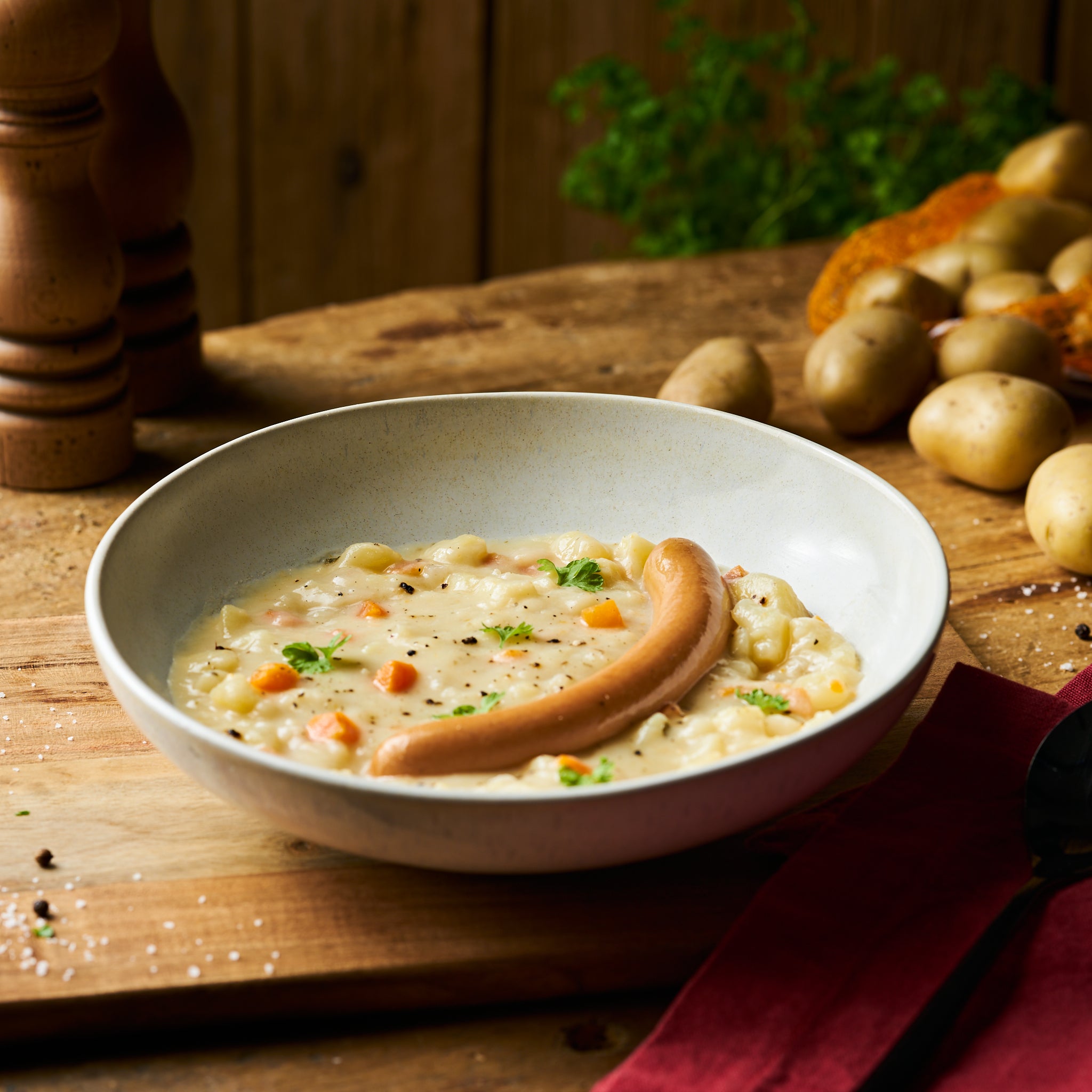 Kartoffelrahmeintopf mit Wiener Würstchen vom Schwein