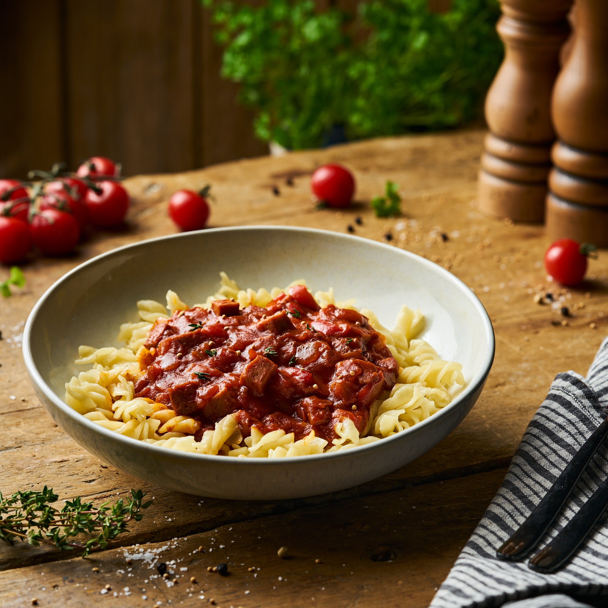 Wurstgulasch mit Paprika und Spirelli